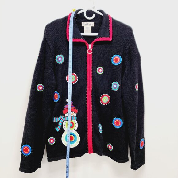 Timberlea Christmas Snowman Cardigan XL Black Sweater Ramie Colorful Embroidery - Picture 3 of 12